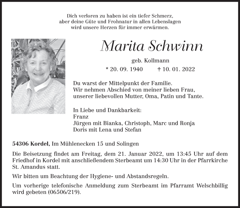  Traueranzeige für Marita Schwinn vom 15.01.2022 aus trierischer_volksfreund