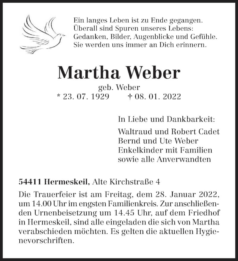  Traueranzeige für Martha Weber vom 22.01.2022 aus trierischer_volksfreund