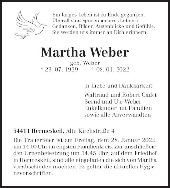 Traueranzeige von Martha Weber von trierischer_volksfreund
