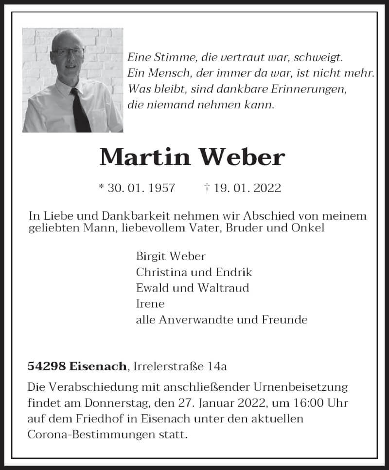  Traueranzeige für Martin Weber vom 22.01.2022 aus trierischer_volksfreund