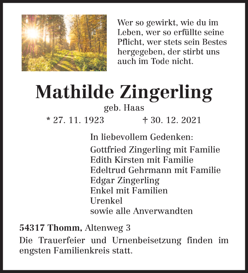  Traueranzeige für Mathilde Zingerling vom 05.01.2022 aus trierischer_volksfreund