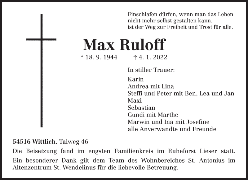  Traueranzeige für Max Ruloff vom 15.01.2022 aus trierischer_volksfreund