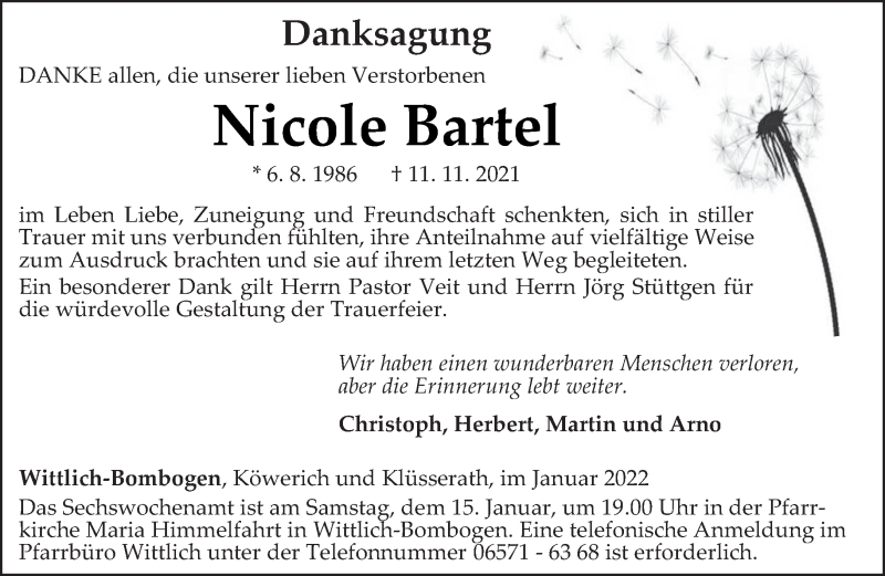  Traueranzeige für Nicole Bartel vom 08.01.2022 aus trierischer_volksfreund