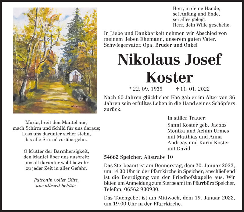 Traueranzeige für Nikolaus Josef Koster vom 15.01.2022 aus trierischer_volksfreund