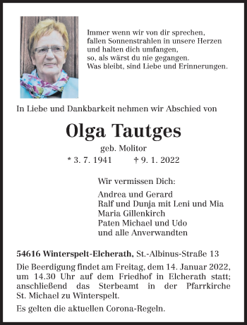 Traueranzeige von Olga Tautges von trierischer_volksfreund
