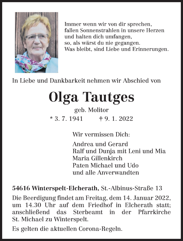  Traueranzeige für Olga Tautges vom 11.01.2022 aus trierischer_volksfreund