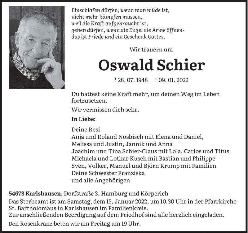  Traueranzeige für Oswald Schier vom 12.01.2022 aus trierischer_volksfreund