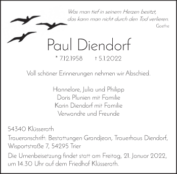Traueranzeige von Paul Diendorf von trierischer_volksfreund