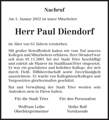 Traueranzeige von Paul Diendorf von trierischer_volksfreund