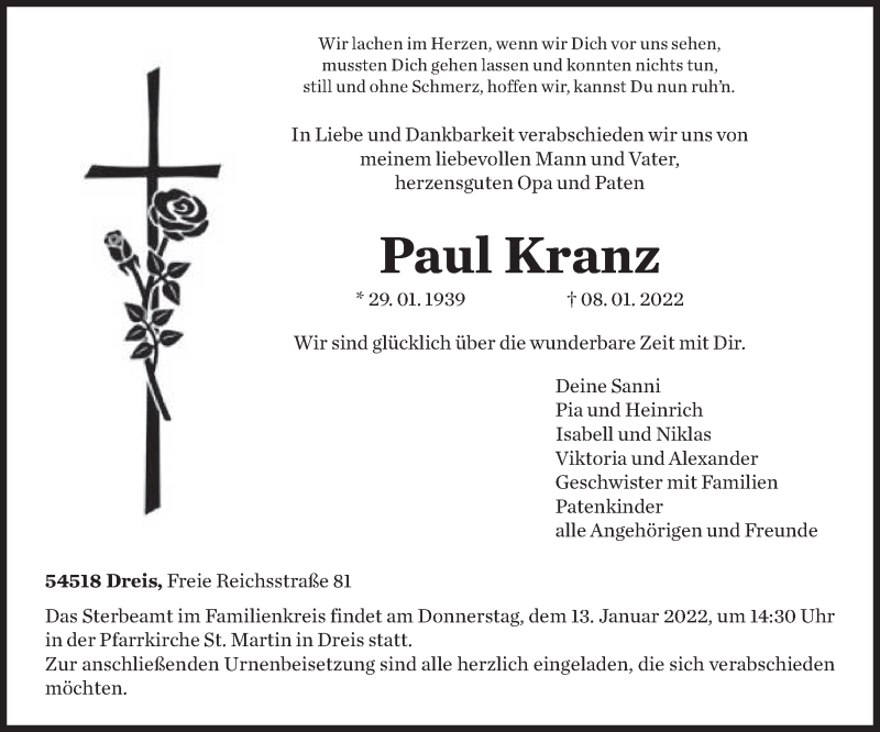  Traueranzeige für Paul Kranz vom 11.01.2022 aus trierischer_volksfreund