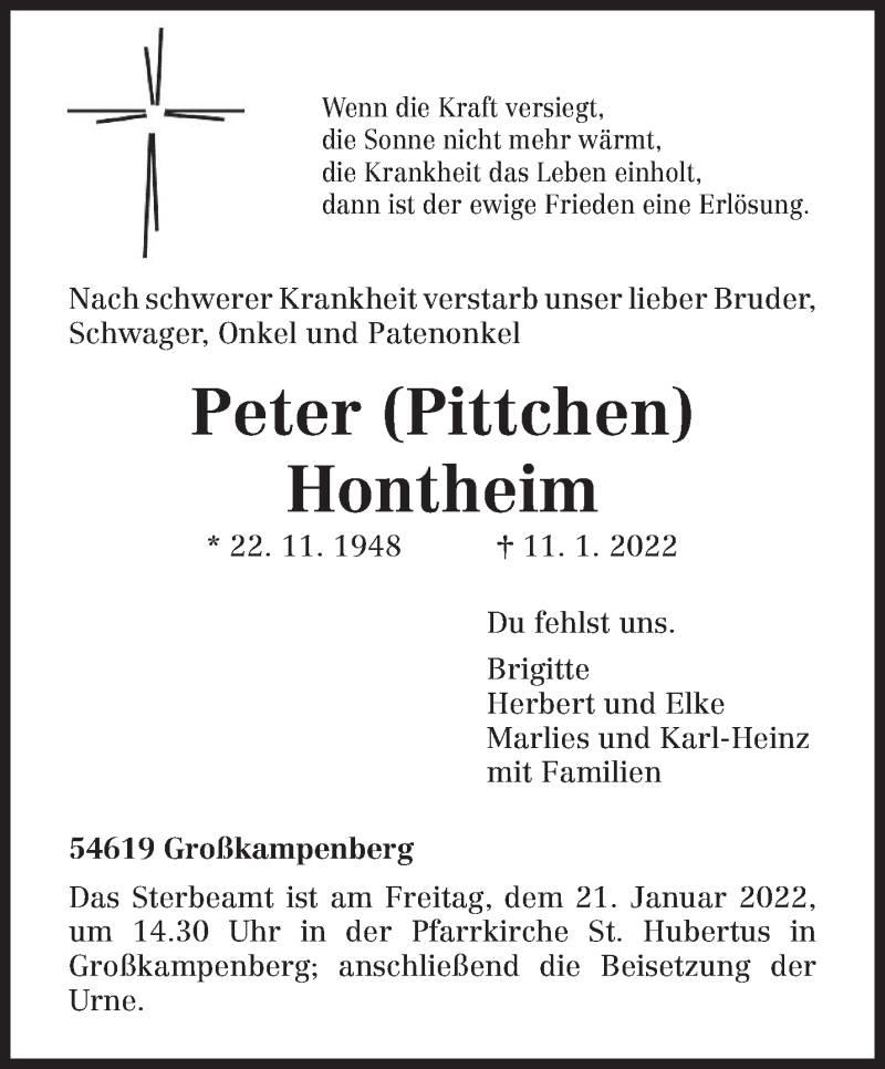  Traueranzeige für Peter Hontheim vom 17.01.2022 aus trierischer_volksfreund