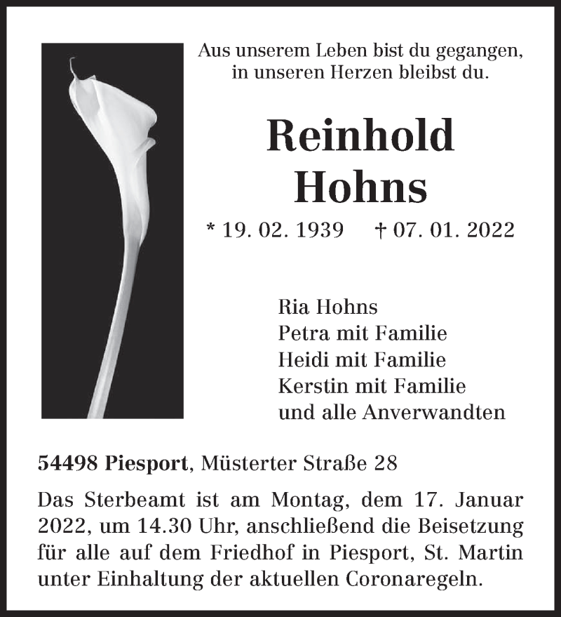  Traueranzeige für Reinhold Hohns vom 12.01.2022 aus trierischer_volksfreund