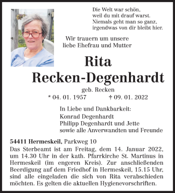 Traueranzeige von Rita Recken-Degenhardt von trierischer_volksfreund