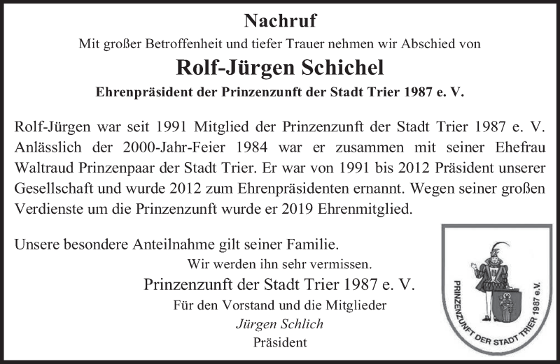  Traueranzeige für Rolf-Jürgen Schichel vom 18.01.2022 aus trierischer_volksfreund