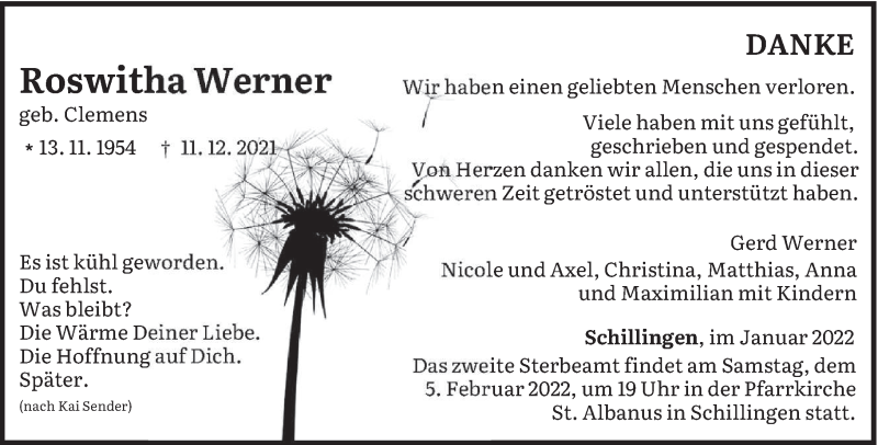  Traueranzeige für Roswitha Werner vom 29.01.2022 aus trierischer_volksfreund