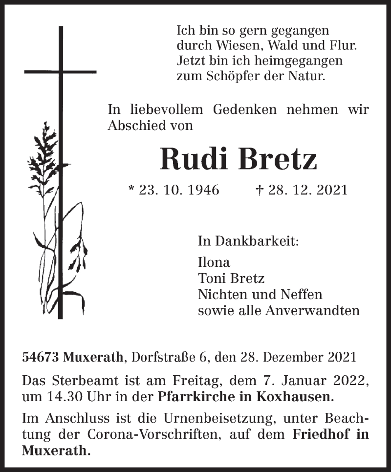  Traueranzeige für Rudi Bretz vom 31.12.2021 aus trierischer_volksfreund