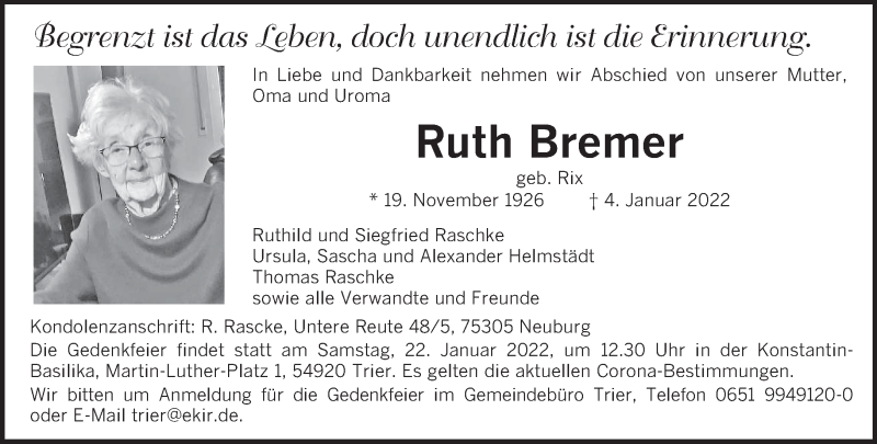  Traueranzeige für Ruth Bremer vom 15.01.2022 aus trierischer_volksfreund