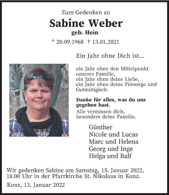 Traueranzeige von Sabine Weber von trierischer_volksfreund