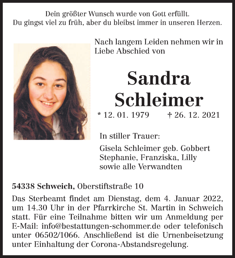  Traueranzeige für Sandra Schleimer vom 31.12.2021 aus trierischer_volksfreund