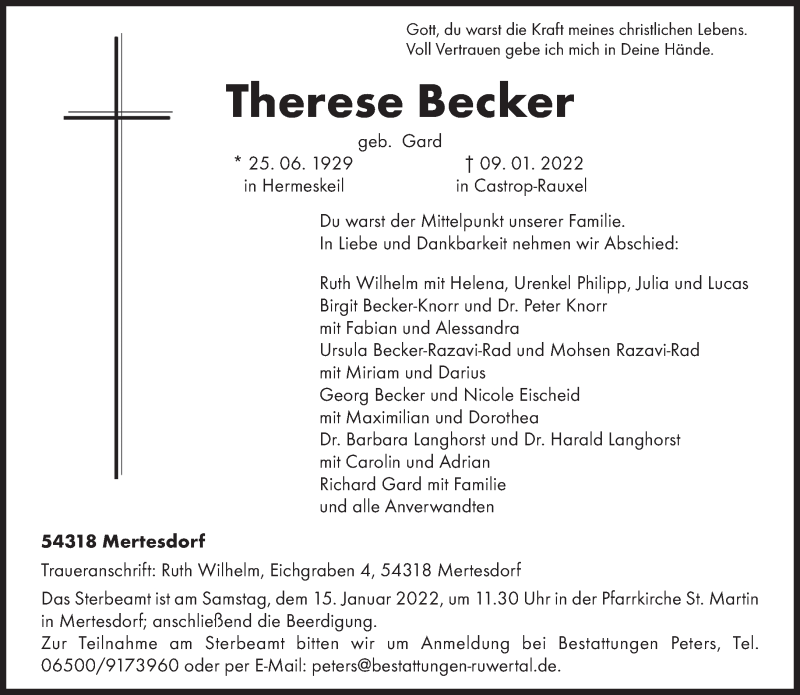  Traueranzeige für Therese Becker vom 12.01.2022 aus trierischer_volksfreund
