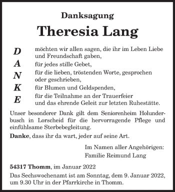 Traueranzeige von Theresia Lang von trierischer_volksfreund