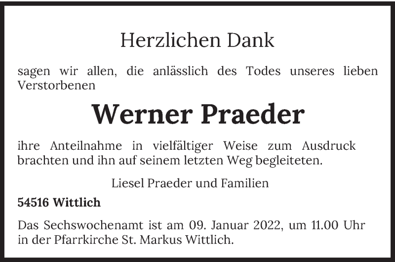  Traueranzeige für Werner Praeder vom 07.01.2022 aus trierischer_volksfreund