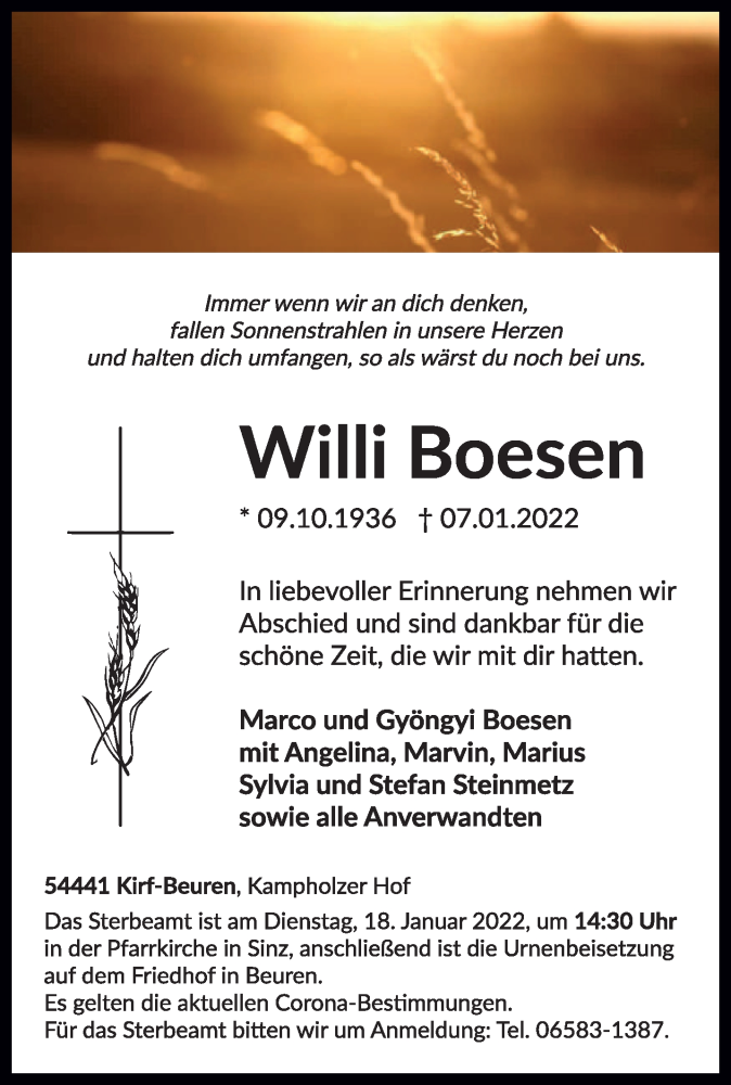  Traueranzeige für Willi Boesen vom 13.01.2022 aus trierischer_volksfreund