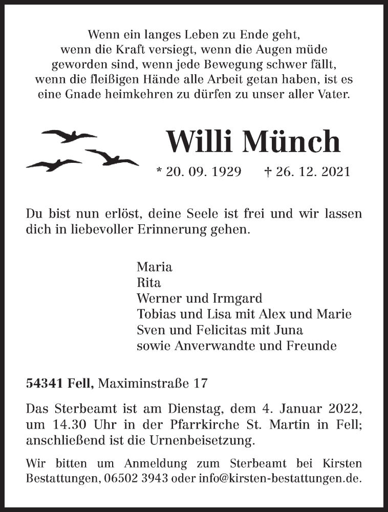  Traueranzeige für Willi Münch vom 31.12.2021 aus trierischer_volksfreund