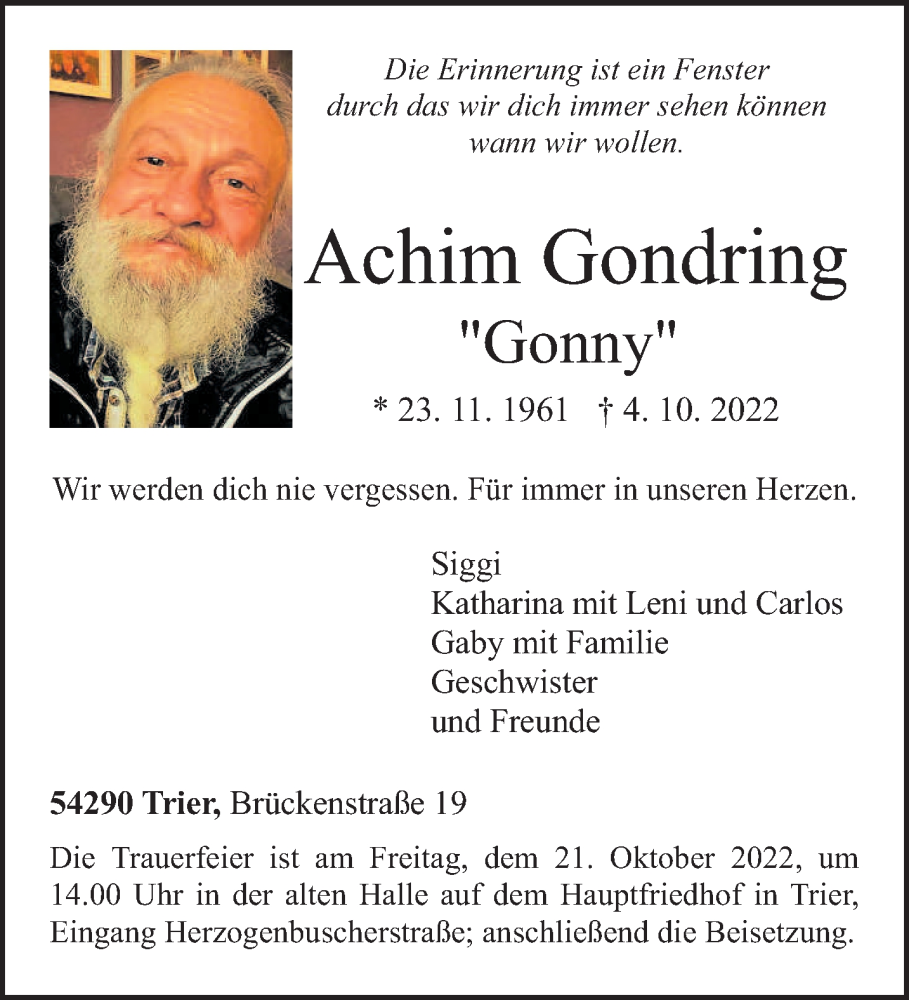  Traueranzeige für Achim Gondring vom 15.10.2022 aus trierischer_volksfreund