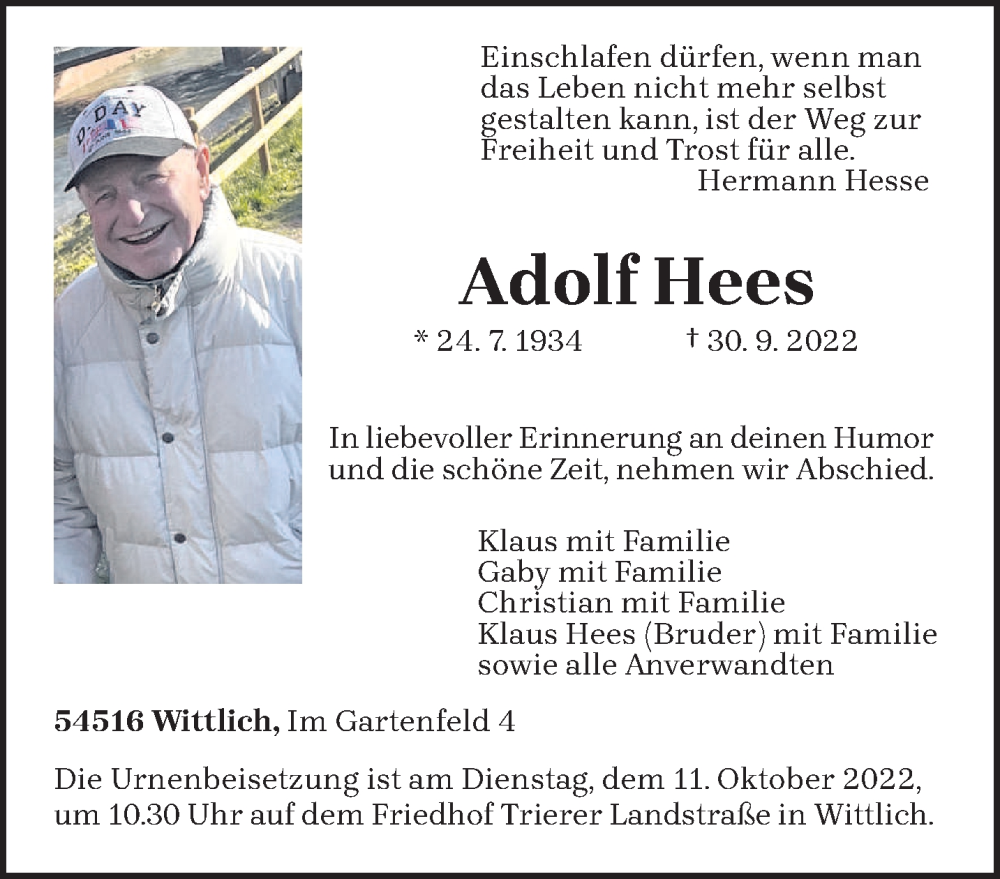  Traueranzeige für Adolf Hees vom 06.10.2022 aus trierischer_volksfreund