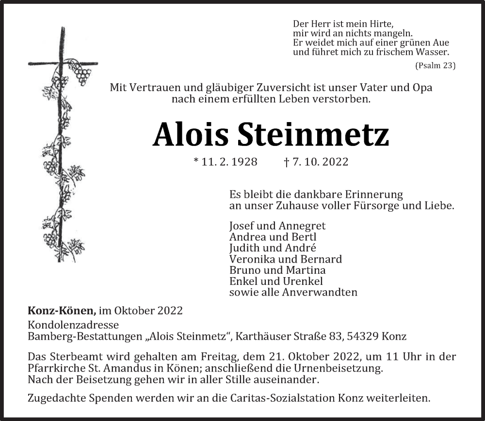  Traueranzeige für Alois Steinmetz vom 15.10.2022 aus trierischer_volksfreund