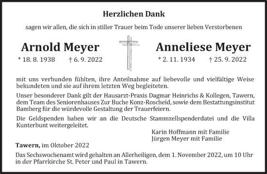 Traueranzeige von Arnold und Anneliese Meyer von trierischer_volksfreund