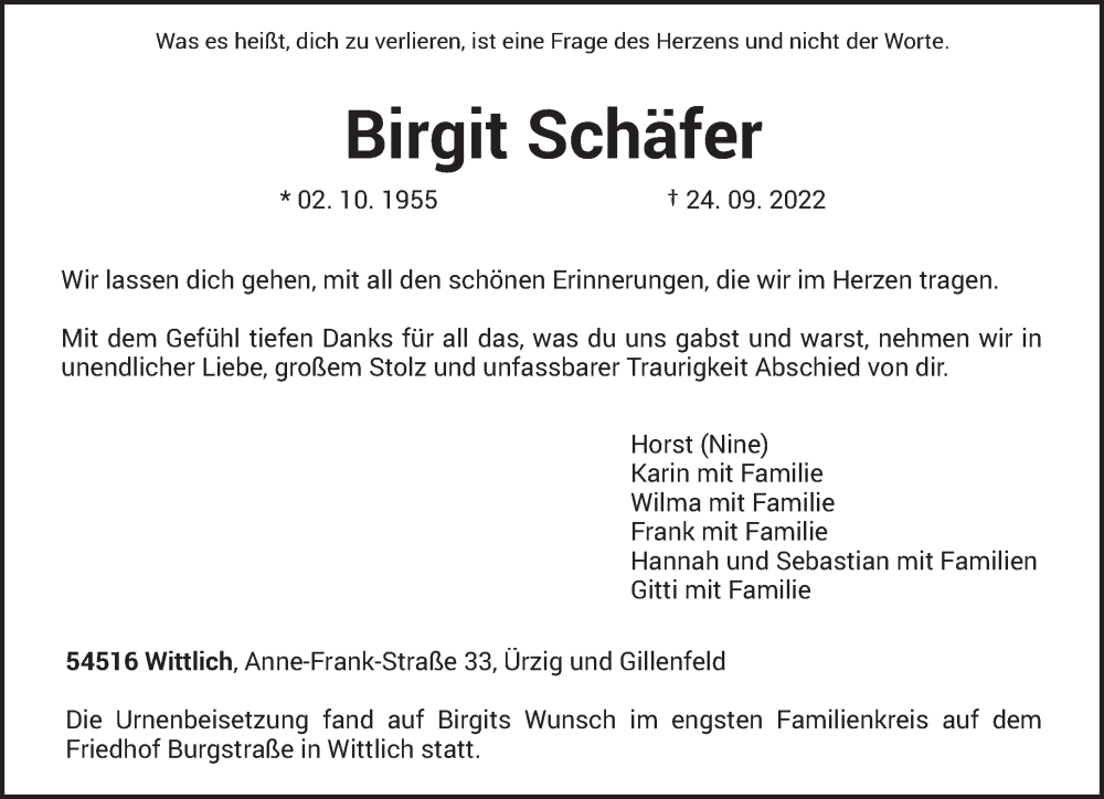  Traueranzeige für Birgit Schäfer vom 08.10.2022 aus trierischer_volksfreund