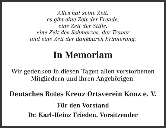 Traueranzeige von Deutsches Rotes Kreuz Ortsverein Konz e. V. gedenkt von trierischer_volksfreund