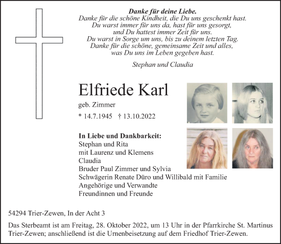 Traueranzeige von Elfriede Karl von trierischer_volksfreund
