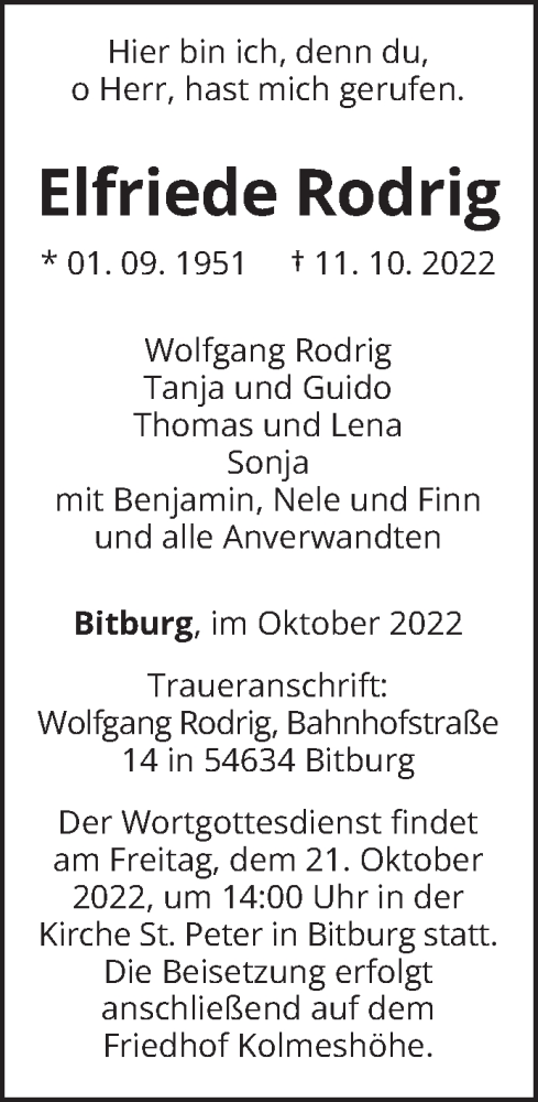  Traueranzeige für Elfriede Rodrig vom 19.10.2022 aus trierischer_volksfreund