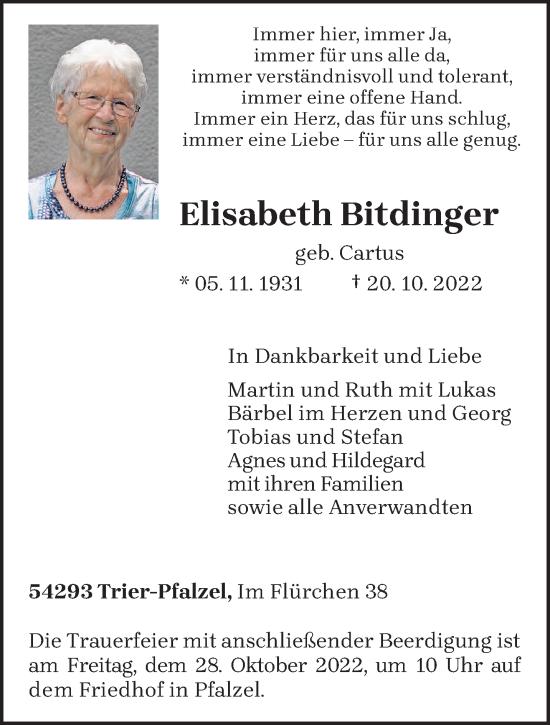 Traueranzeige von Elisabeth Bitdinger von trierischer_volksfreund