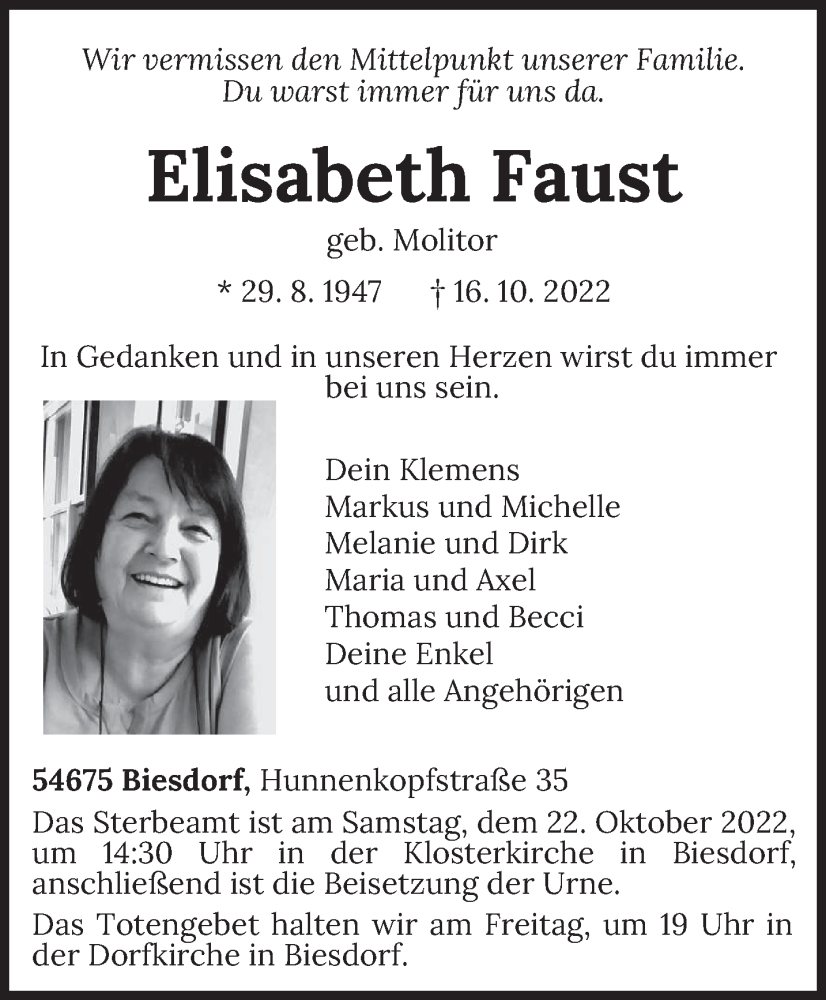  Traueranzeige für Elisabeth Faust vom 19.10.2022 aus trierischer_volksfreund