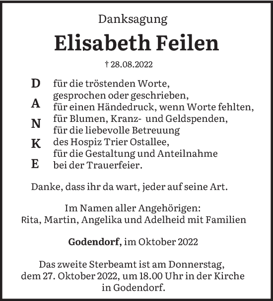 Traueranzeige von Elisabeth Feilen von trierischer_volksfreund