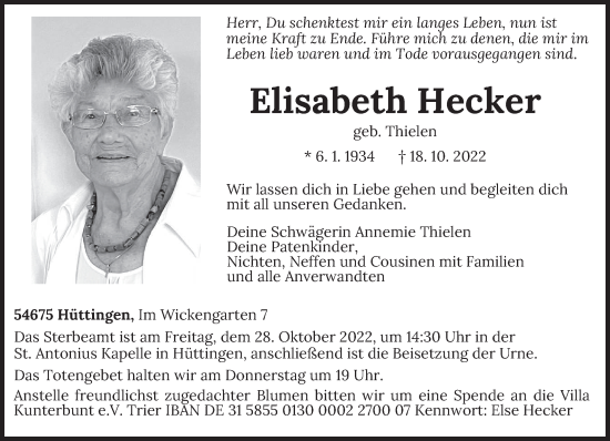 Traueranzeige von Elisabeth Hecker von trierischer_volksfreund