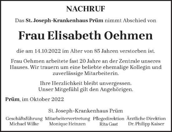 Traueranzeige von Elisabeth Oehmen von trierischer_volksfreund