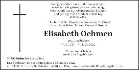 Traueranzeige von Elisabeth Oehmen von trierischer_volksfreund