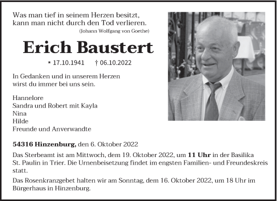 Traueranzeige von Erich Baustert von trierischer_volksfreund