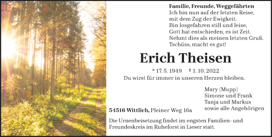 Traueranzeige von Erich Theisen von trierischer_volksfreund