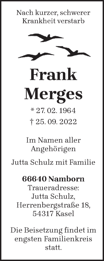 Traueranzeige von Frank Merges von trierischer_volksfreund