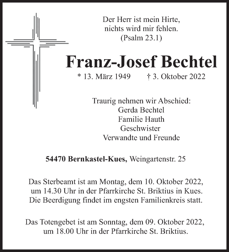  Traueranzeige für Franz-Josef Bechtel vom 07.10.2022 aus trierischer_volksfreund