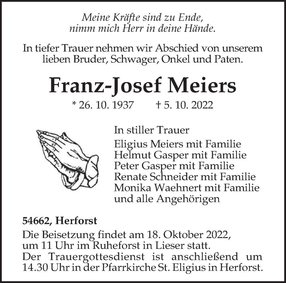  Traueranzeige für Franz-Josef Meiers vom 15.10.2022 aus trierischer_volksfreund