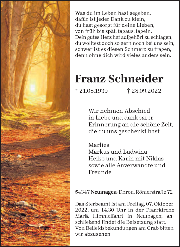  Traueranzeige für Franz Schneider vom 05.10.2022 aus trierischer_volksfreund