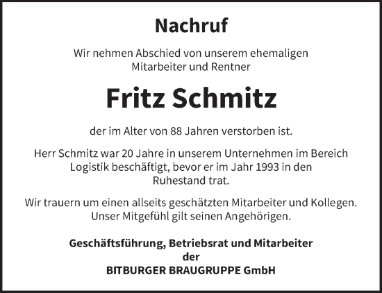 Traueranzeige von Fritz Schmitz von trierischer_volksfreund
