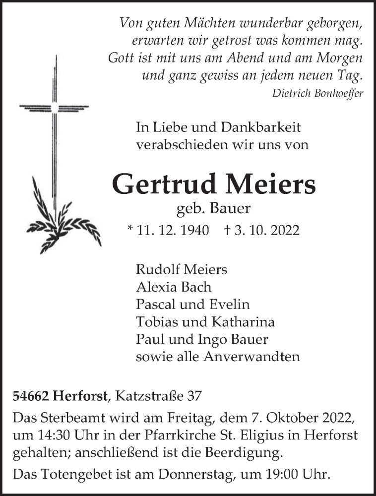  Traueranzeige für Gertrud Meiers vom 05.10.2022 aus trierischer_volksfreund